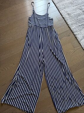 Navy & White Striped Wide-Leg Cropped Jumpsuit